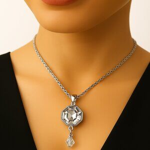 Swarovski Crystal Necklace - Sterling Silver Overlay w/ Hexagon Drop Pendant 18"